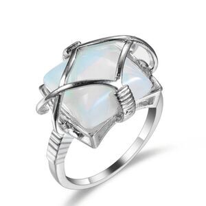 Natural Square Lab Opal Ring Female Creative Grid Rings for Women